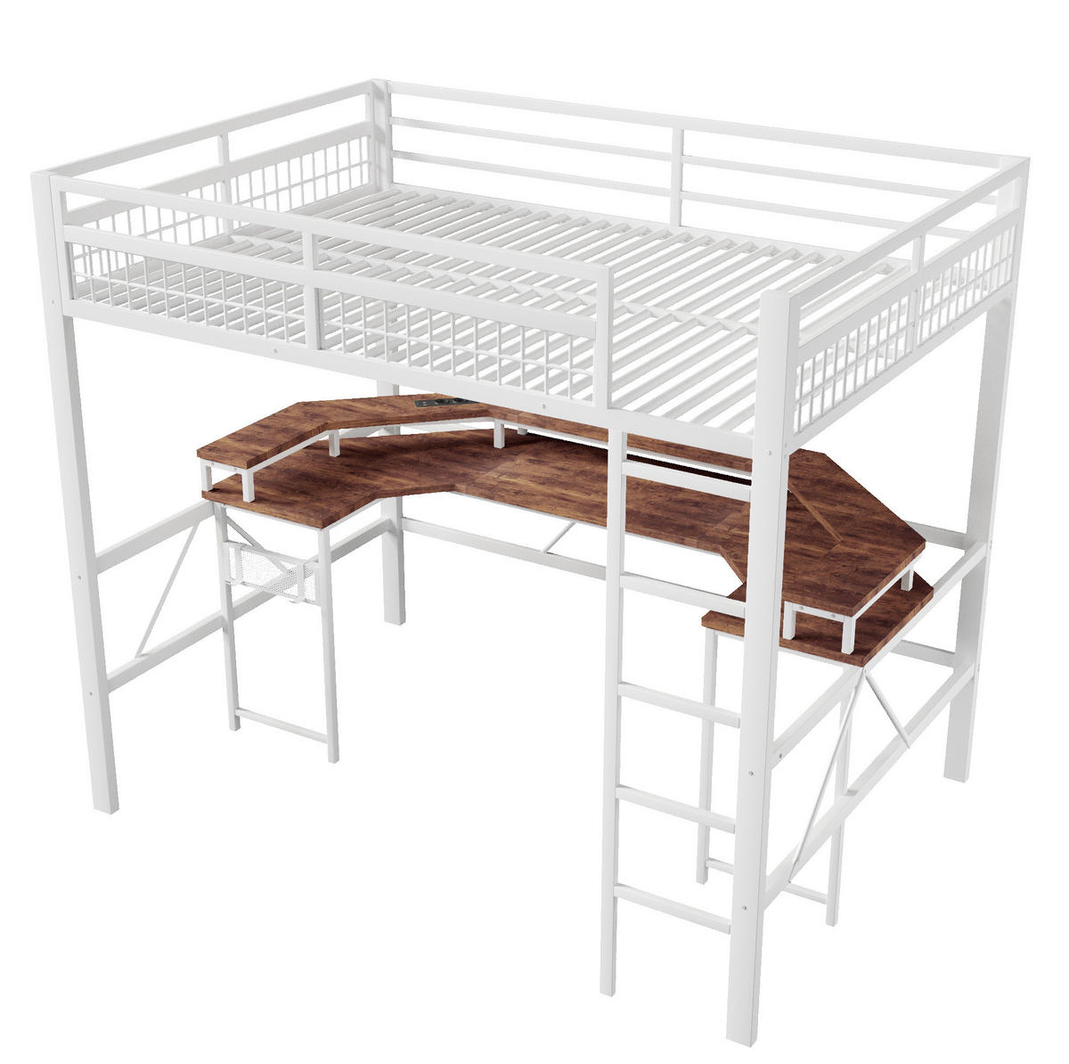 HOCHBETT 140/200 cm in Weiß mit Schreibtisch und LED-Beleuchtung - Weiß, Metall (140/200cm) - Flora Grace