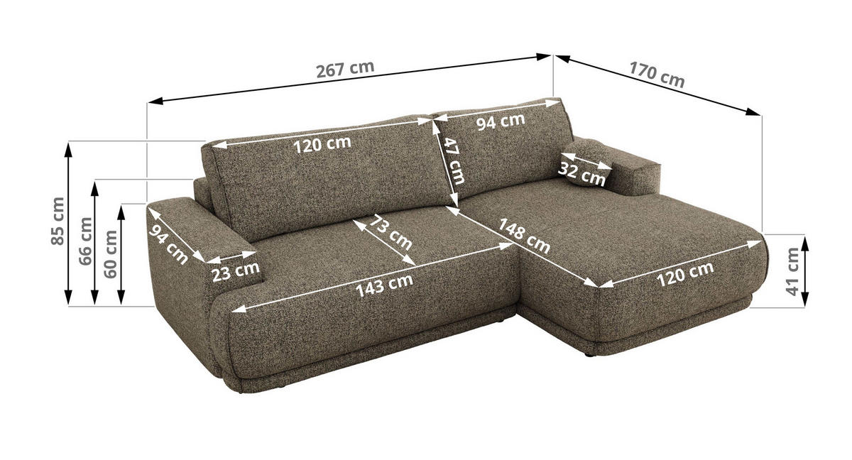 ECKSCHLAFSOFA RINA L Grau Strukture - rechts - Schwarz/Grau, Kunststoff/Textil (170/267cm) - MKS