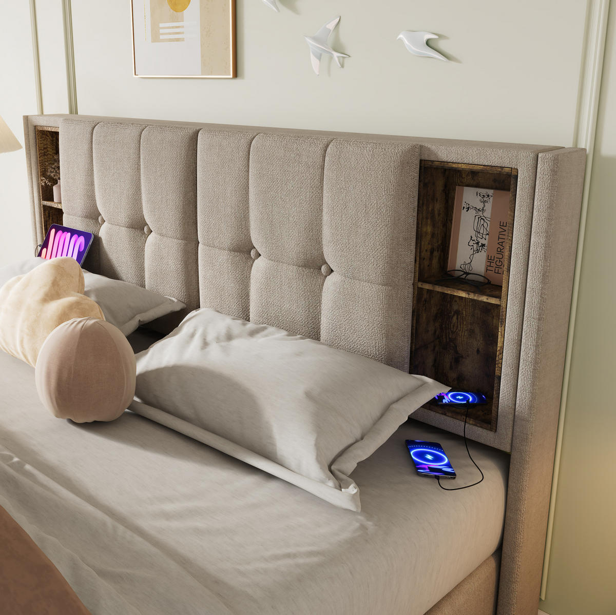 POLSTERBETT 160/200 cm mit Bettkasten, USB-C & kabellosem Laden, gepolstertes Kopfteil - Naturfarben, Textil (160/200cm) - BEAOK