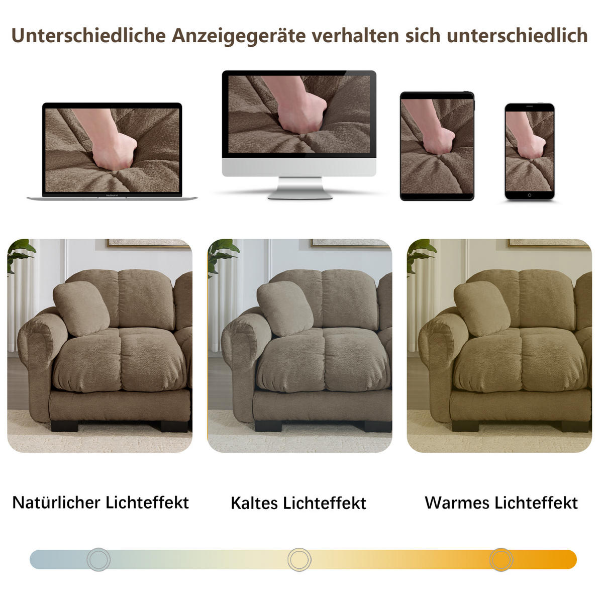 SOFA 260/86/90 cm in Braun aus Chenille mit Steppnähten und weichem Sitzkomfort - Braun, Textil (86/90/260cm) - Flora Grace