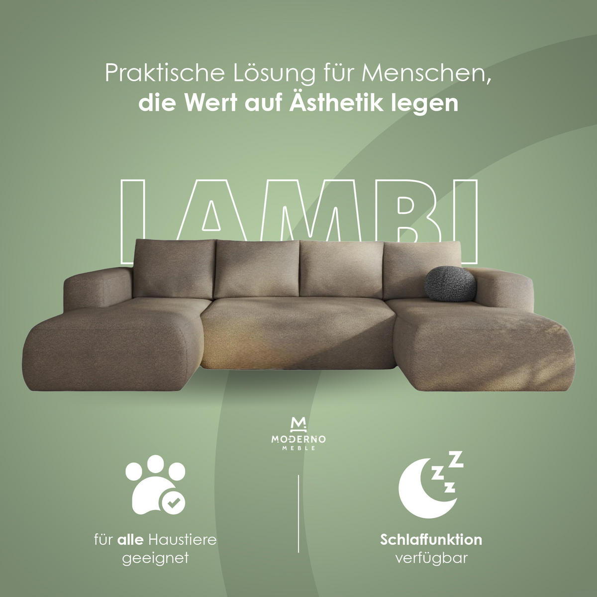 ECKSOFA LAMBI U, Wohnlandschaft U Form mit +3 Sitzen, Grau Beige - Lambi 03 - Cappuccino, Textil (340/89/114cm) - Moderno Meble