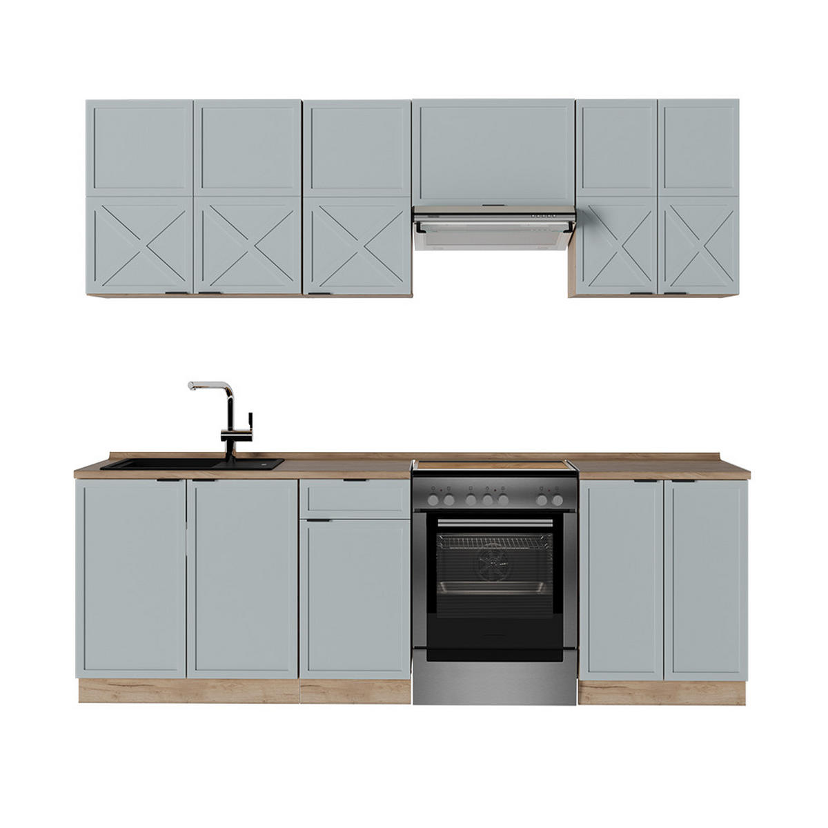 KÜCHENZEILE Fame-Line Hellblau-grau/Goldkraft Eiche 240 cm AP Eiche - Honigeiche/Blaugrau, Holzwerkstoff (240/81.6/60cm) - Vicco