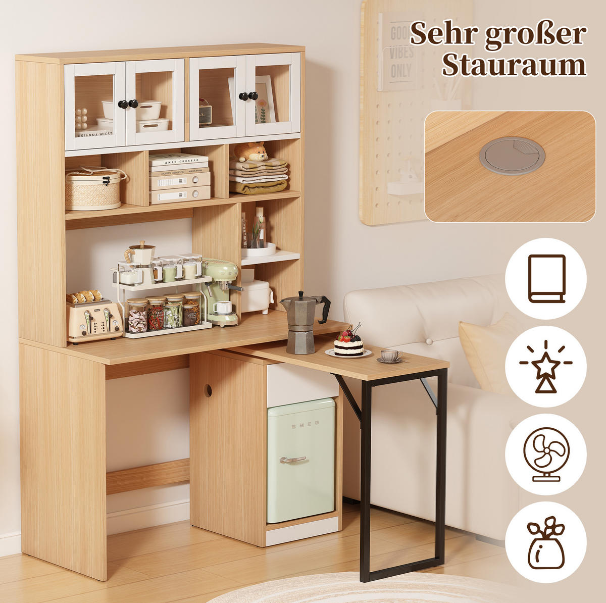 SCHREIBTISCH mit Hochschrank 180 cm MDF Natural White - Weiß, Holz (110/55/180cm) - Meubliv