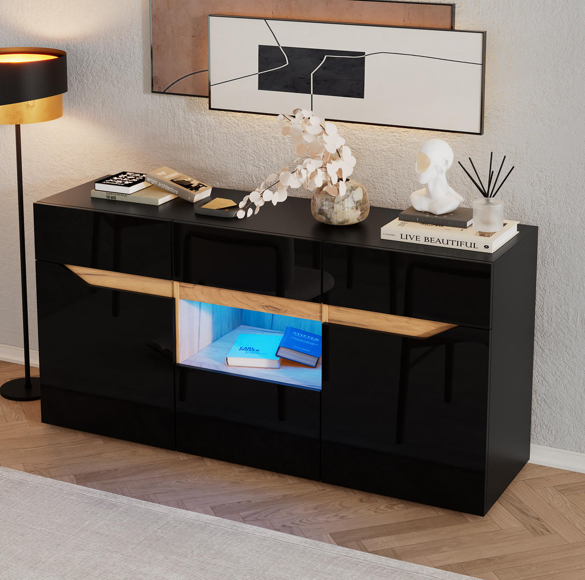 KOMODA, 140/40/70 cm, dřevotříska černá, s LED osvětlením a 4 zásuvkami - černá, kompozitní dřevo (140/70/40cm) - BEAOK