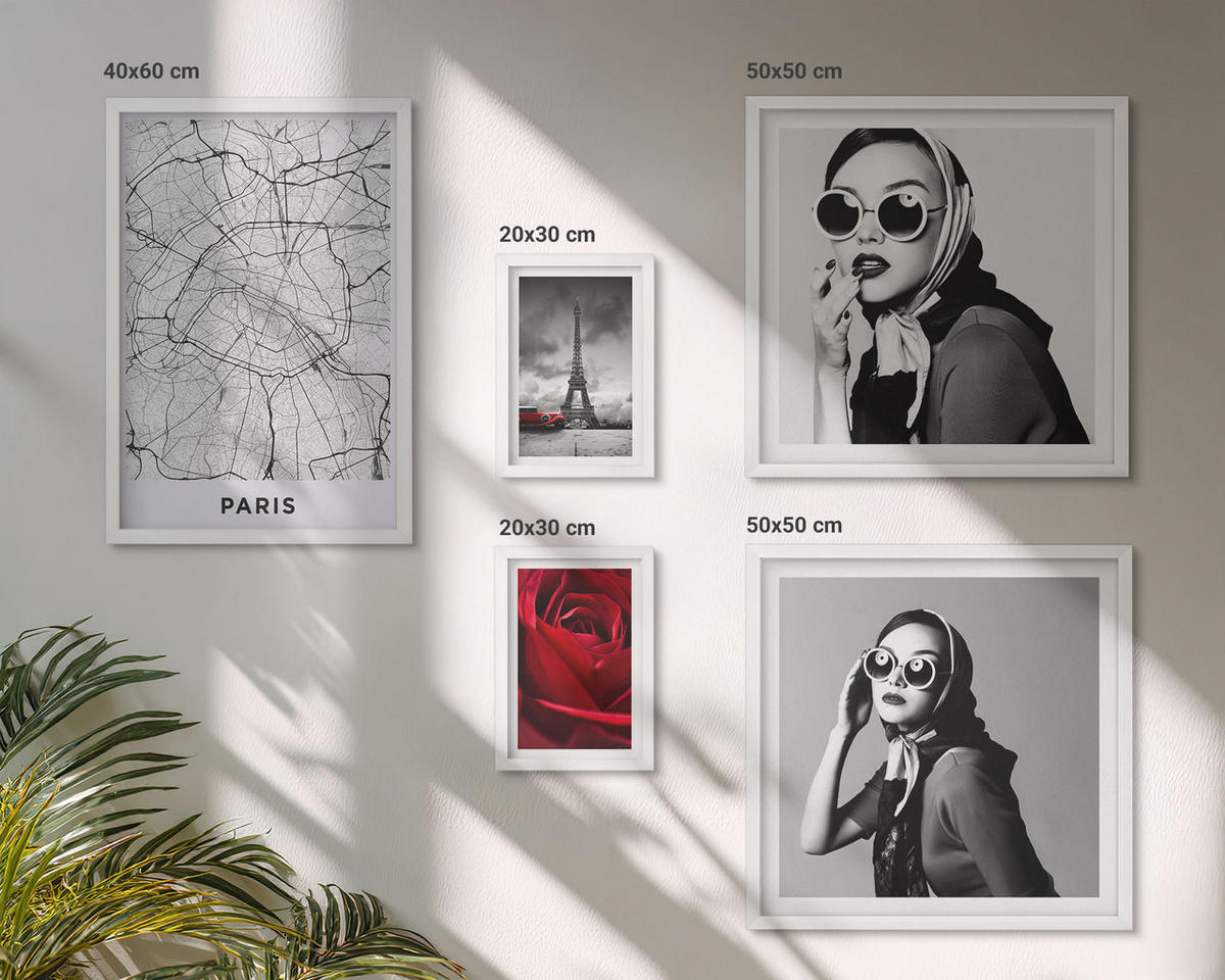 WANDBILDER 5er-Set - 50x50 cm & 20x30 cm & 40x60 cm Weißer Rahmen - Pariserin mit Eiffelturmbrille - Weiß, Kunststoff (40/60cm) - ArtPrintCave