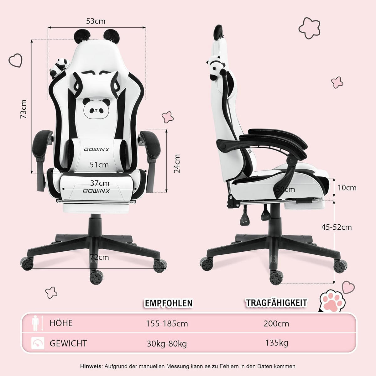 GAMING Stuhl & Lendenwirbelstütze/Hoher Rückenlehne/Fußstütze PU-Leder - Weiß Hochglanz, Leder (72/118/72cm)