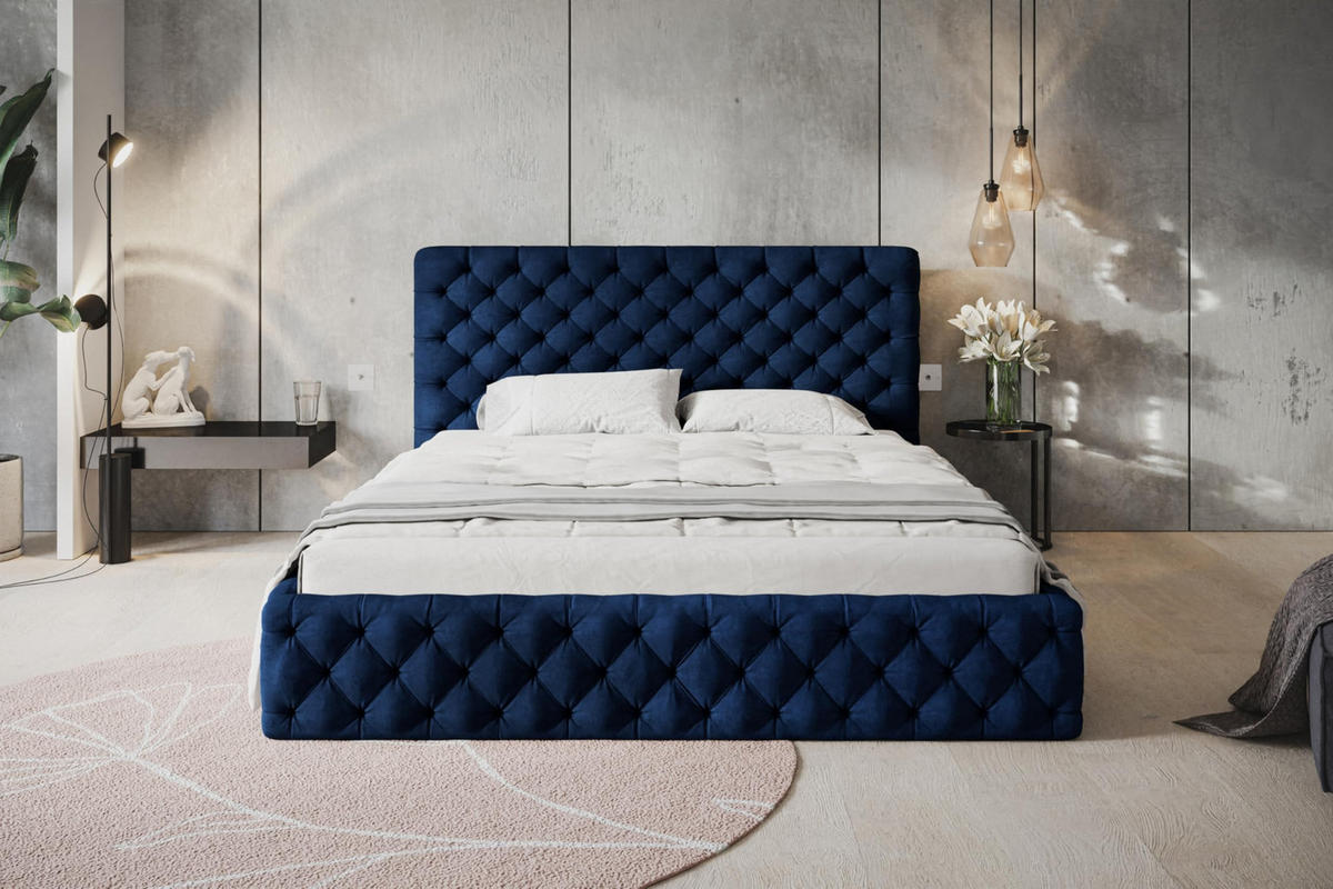 BETT 140x200 - Polsterbett mit Bettkasten und Holzrahmen - Elegant Betten - Glatter Kronos-Stoff - Kollektion Miami, Blau - AlpiMeble - Dunkelblau, Holz/Kunststoff (140/200cm) - Alpi-Möbel