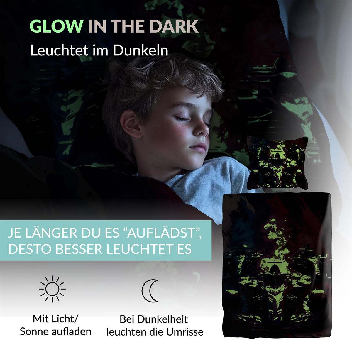 KINDERBETTWÄSCHE 135x200 cm Rennauto Autos aus 100% Baumwolle - Leuchtet um Dunkeln - Multicolor, Textil (135/200cm) - Carpe Sonno