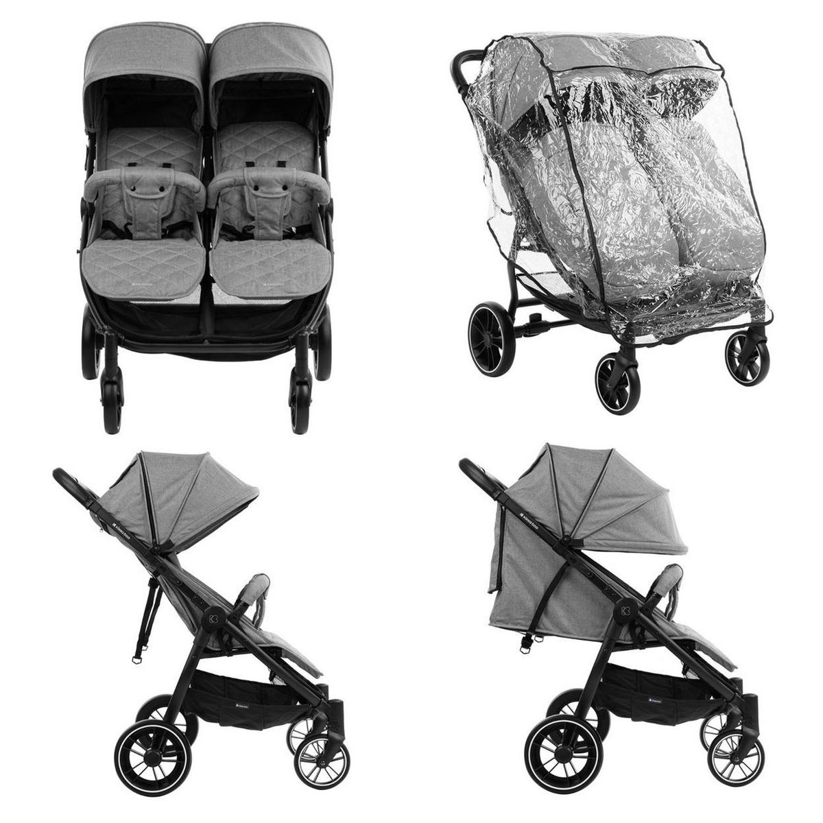 GESCHWISTERKINDERWAGEN Happy 2 hellgrau faltbar, Regenschutz, Fußsack, gefedert - Grau, Metall (79/73/104cm) - Kikka boo