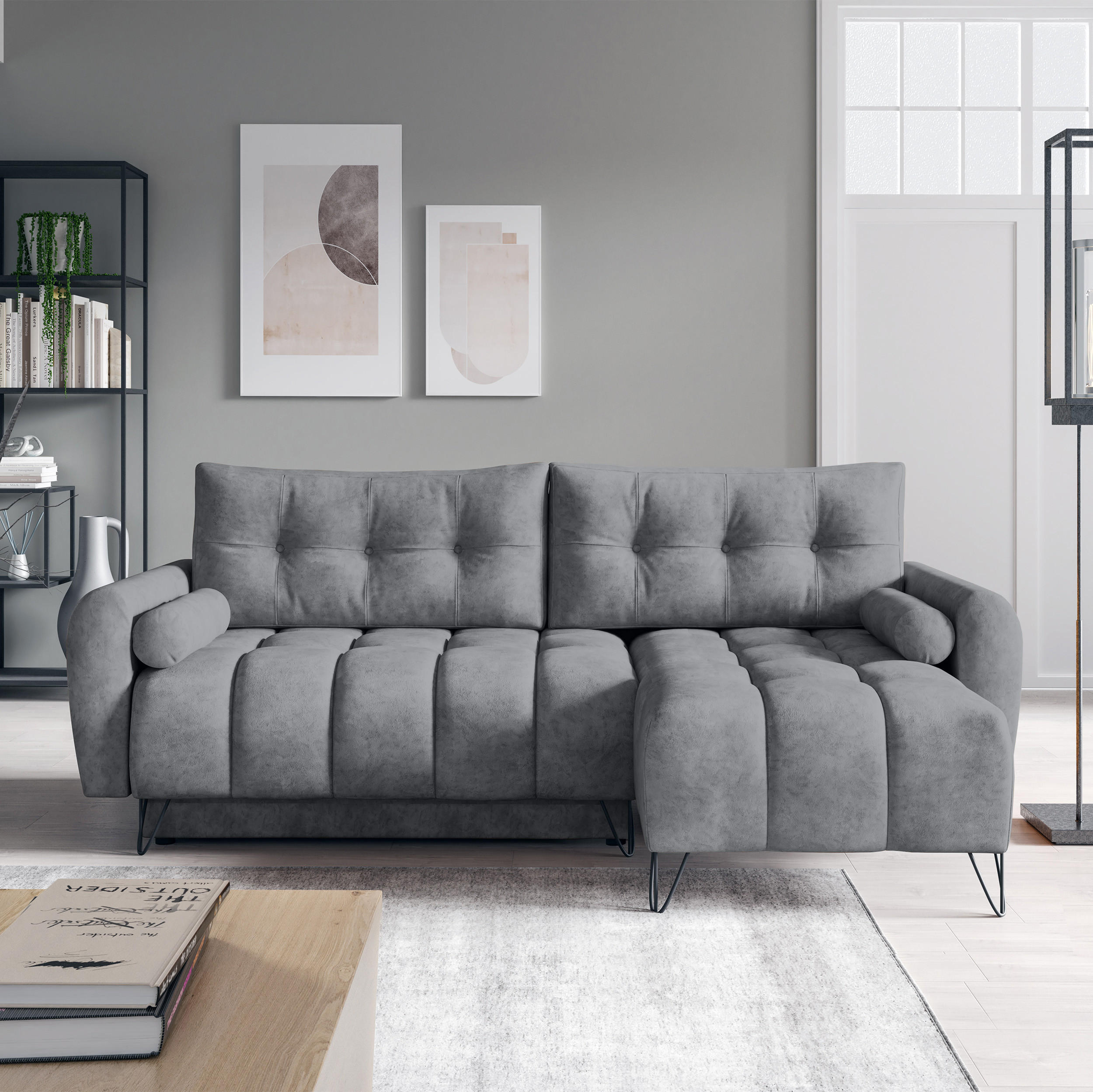 ECKSCHLAFSOFA Malaga Mini universeller Ottomane, Hellgrau - Hellgrau/Schwarz, Textil (222/148cm) - Beautysofa