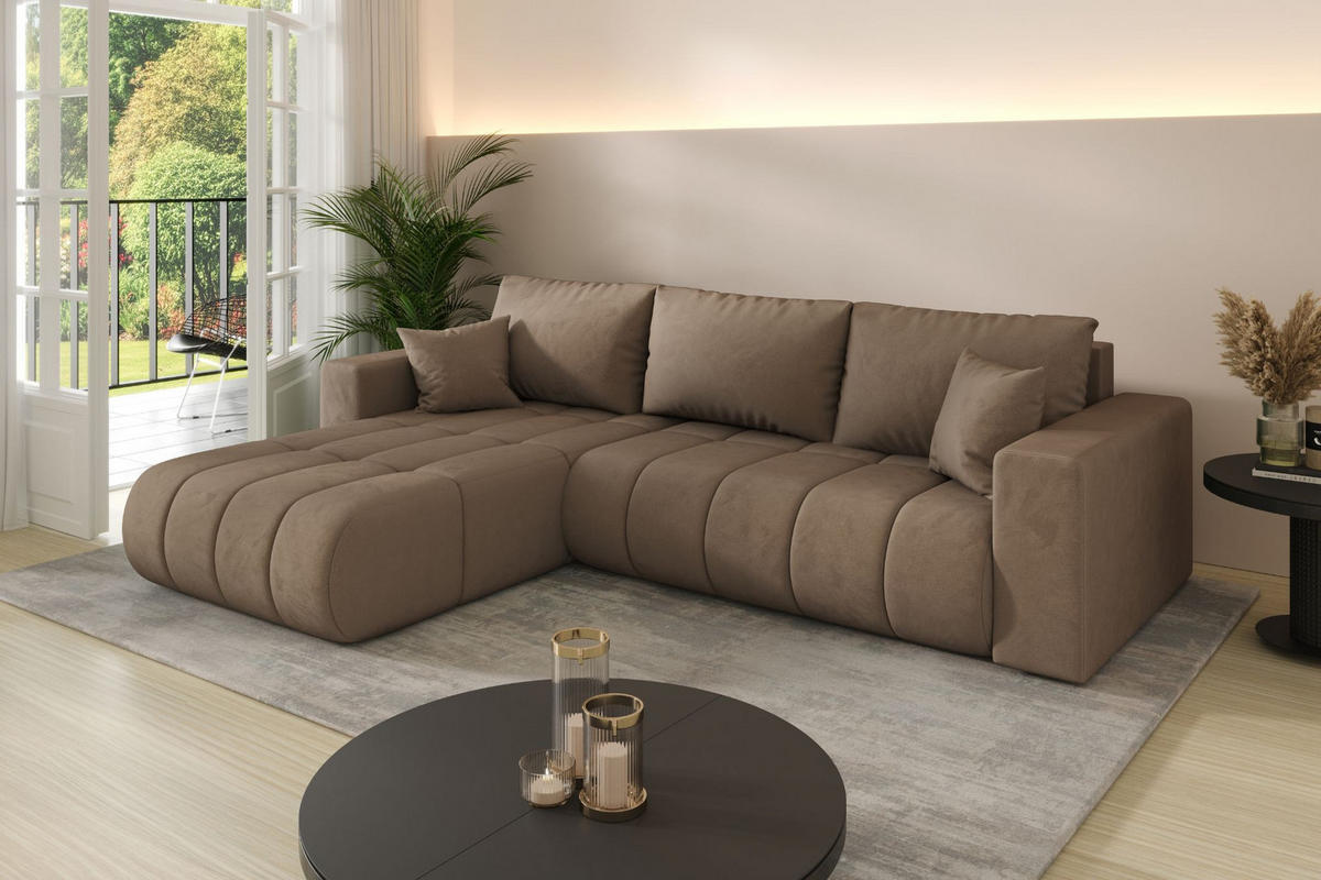 ECKSOFA mit schlaffunktion und bettkasten MILO PREMIUM, stoff MONOLITH, Hellbraun, Links - Hellbraun, Holz (280/190cm) - Kaiser Möbel