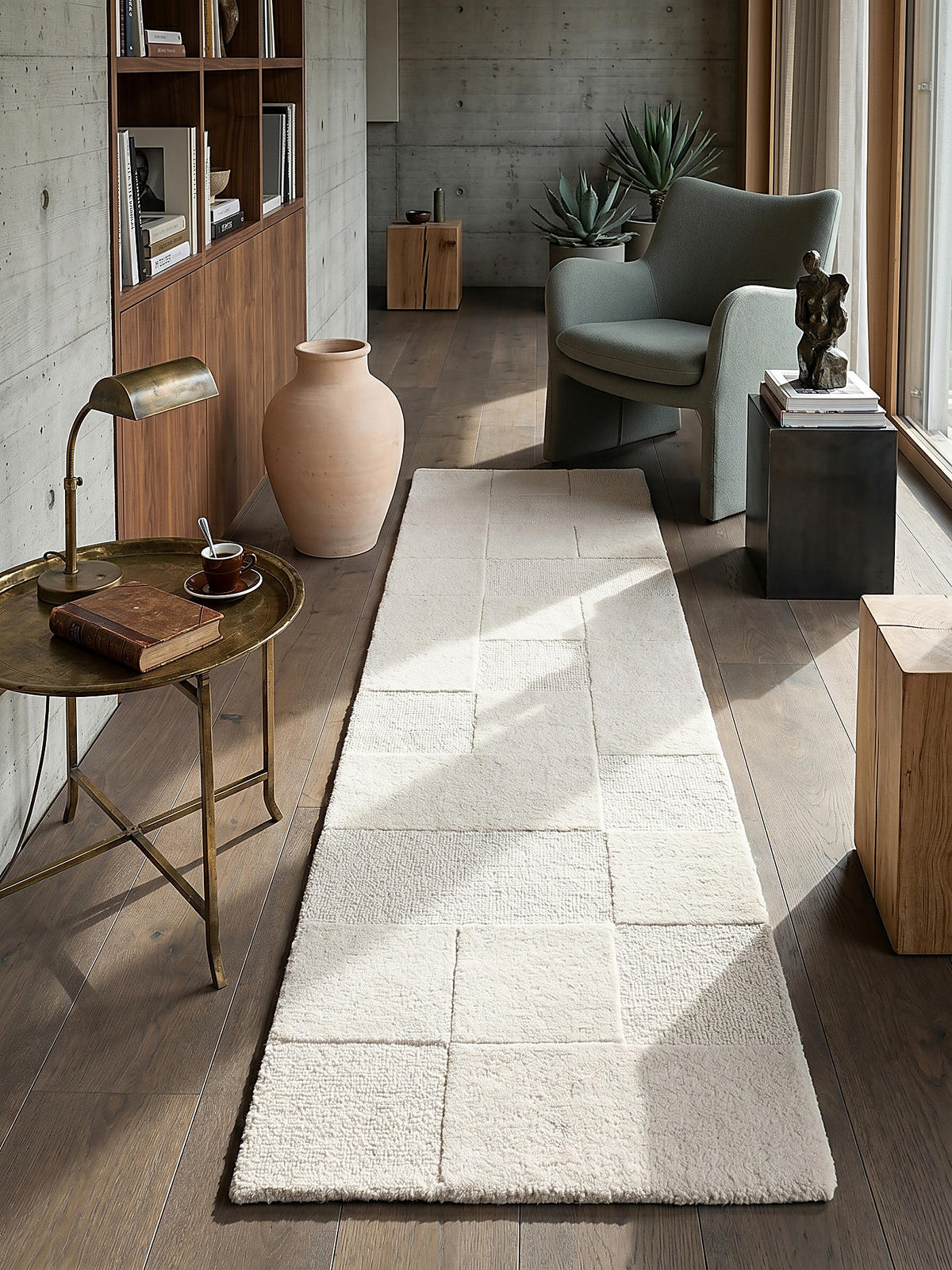TEPPICH aus Wolle DEBEN in Elfenbein, mit Schachbrettmuster, 60 x 230 cm - Beige, Textil (60/230cm) - KADIMA DESIGN