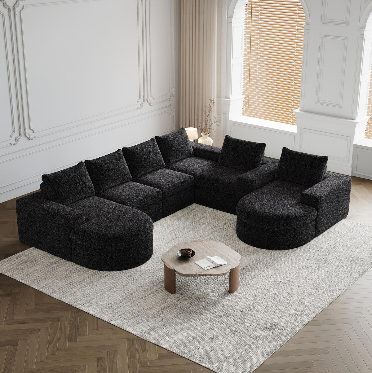 ECKSOFA 322,5/271,7/81,2 cm modular schwarz aus Chenille mit wechselbarer Chaiselongue - Schwarz, Textil (322.5/271.7cm) - OKWISH