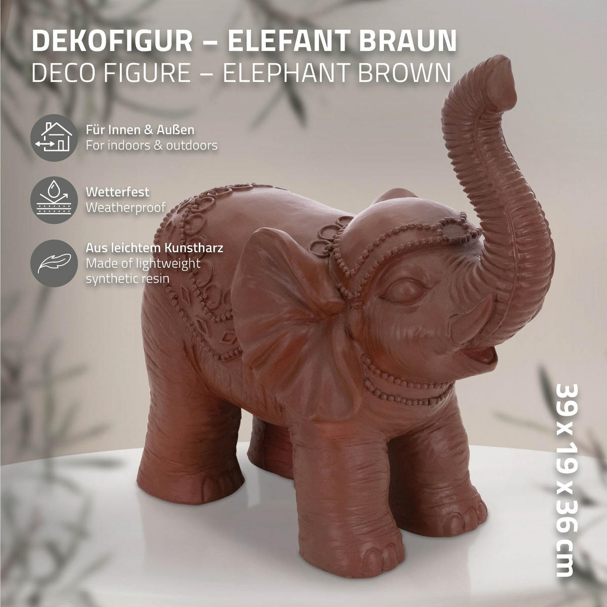 DEKO ELEFANT Figurka hnědá 36x19x39 cm z plastu - hnědá, keramika (19/39/36cm) - ML-DESIGN