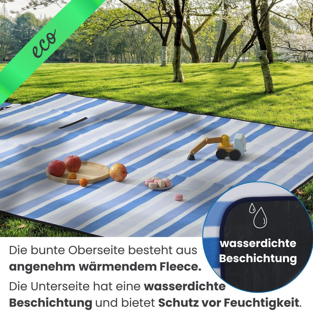 PICKNICKDECKE XXL 200x200 ecoline 100% recyceltes Fleece Streifen blau - Blau, Textil (200/200cm) - wometo