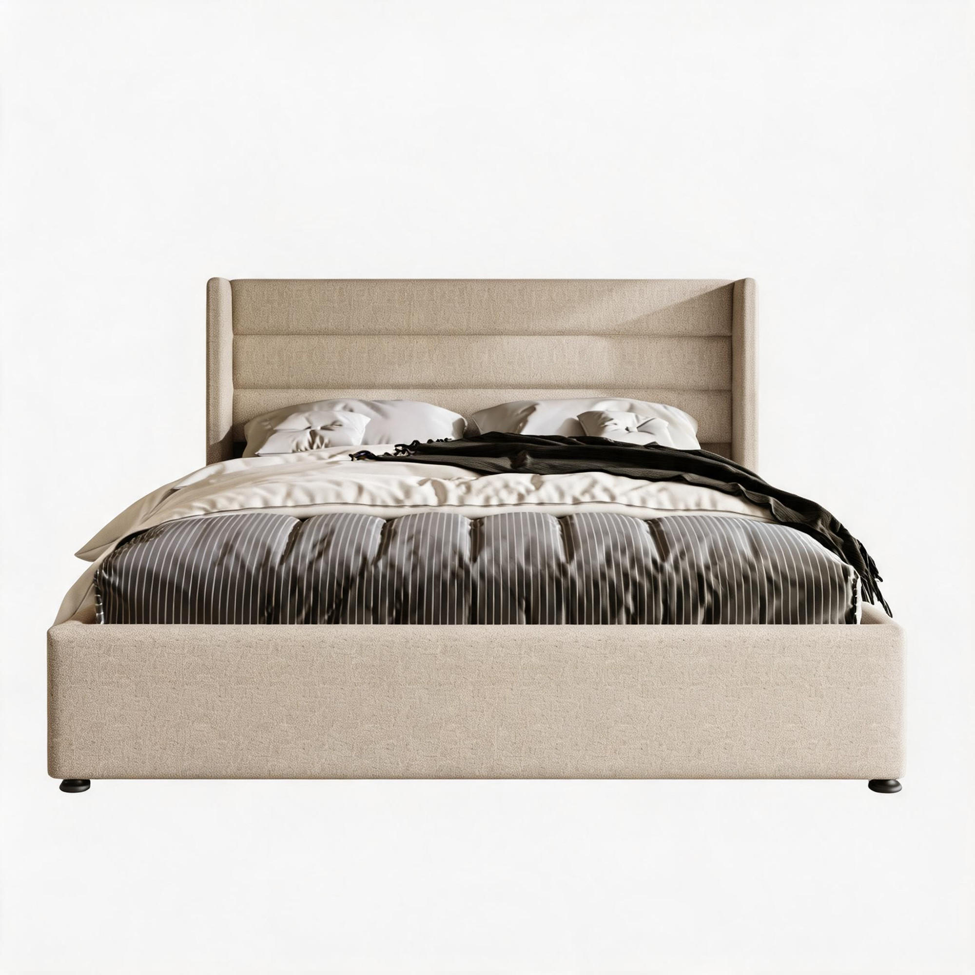 BETT 160x200 cm mit Hydraulischer Bettkasten, Doppelbett 160x200 cm, Skandinavischer Stil, Polsterbett, Leinen Beige - Beige, Textil/Metall (160/200cm) - GENKI LIVING