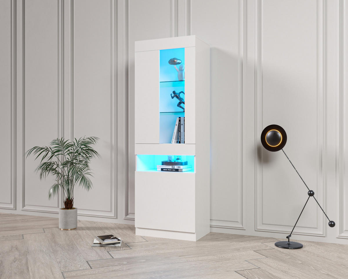 VITRINE, Weiß Hochglanzfront mit 16-Farben USB-LED, 2 Glasböden, 50/40/180 cm, Weiß - Weiß, Holzwerkstoff (40/180/50cm) - Modfu