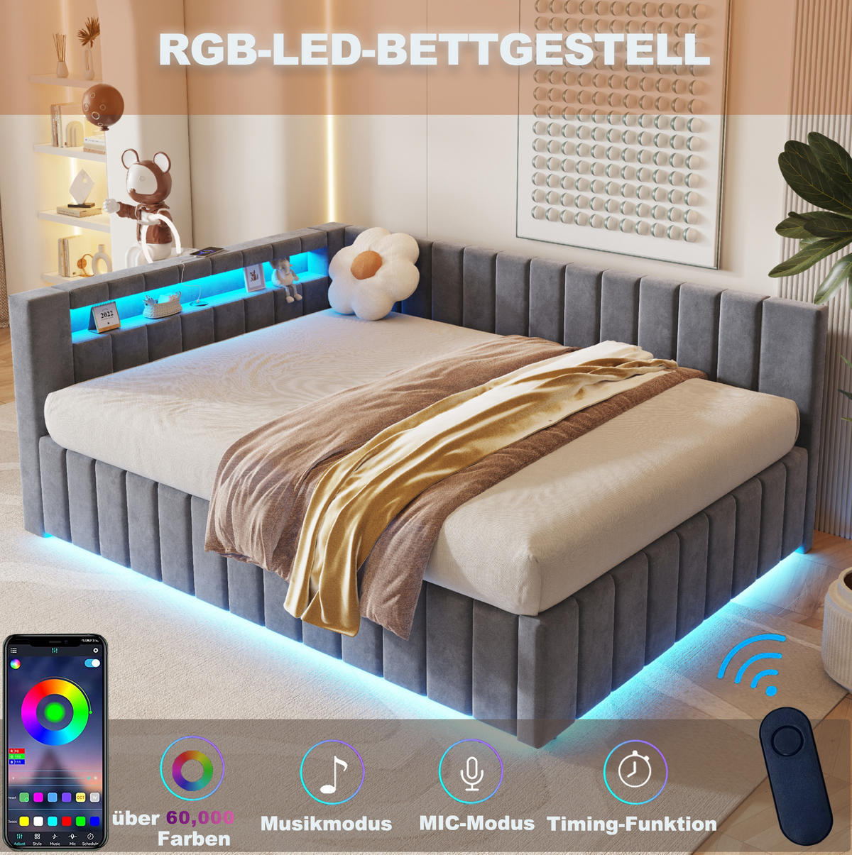 POLSTERBETT 140/200 cm aus Samt mit LED, USB und hydraulischem Stauraum Grau - Grau, Textil (140/200cm) - Modenvie