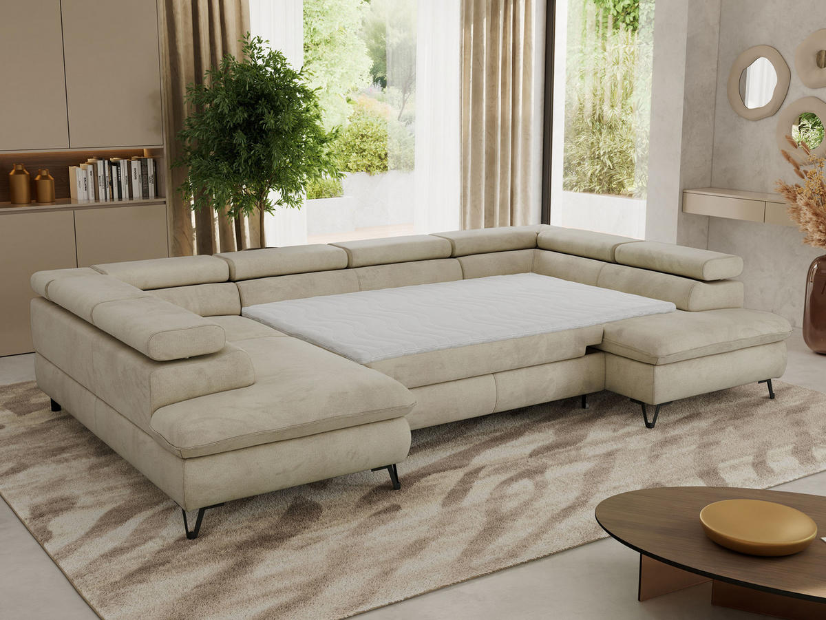 WOHNLANDSCHAFT PABLO U Velvet Beige mit Topper T25 - Beige/Schwarz, Textil/Metall (346/76/208cm) - MKS