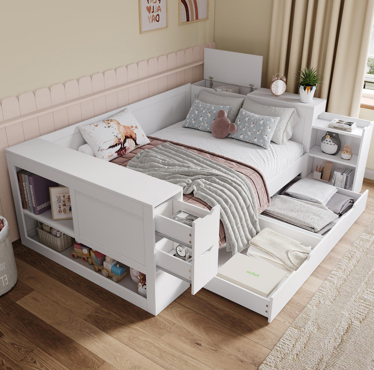 KINDERBETT 140/200 cm aus MDF mit Stauraum Nachttisch und Lattenrost Weiß - Weiß, Holzwerkstoff (140/200cm) - Modenvie