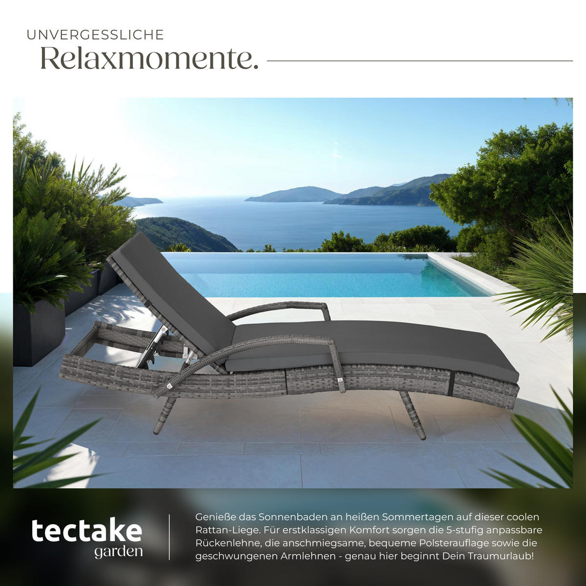 RATTAN-SONNENLIEGE Océane,190 x 71 x 34 – 74,5 cm,grau - Grau, Kunststoff (71/74.5/190cm) - tectake