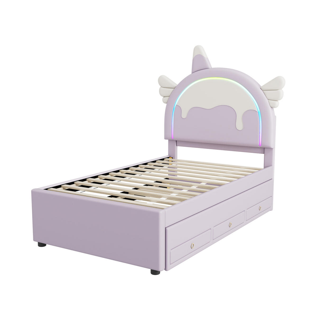 KINDERBETT 90/200 cm mit ausziehbarem Rollbett und Schubladen, Einhorn-Design aus PU, Violett - Violett, Kunststoff (90/200cm) - Redom
