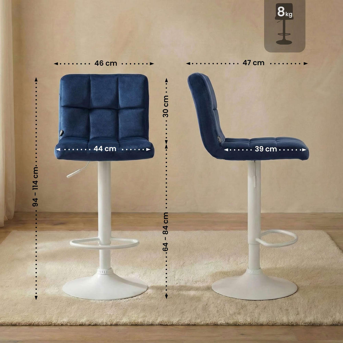 BARHOCKER Samt Blau - Blau/Weiß, Textil/Metall (46/94/47cm) - CLP