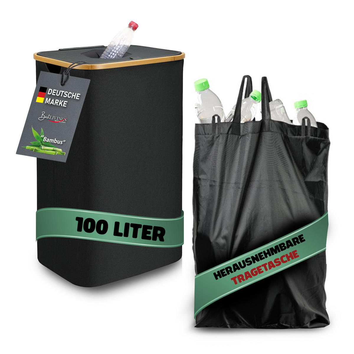 PET-FLASCHEN Sammelbehälter 100L - Schwarz, Textil (44/70/33cm) - Bestlivings