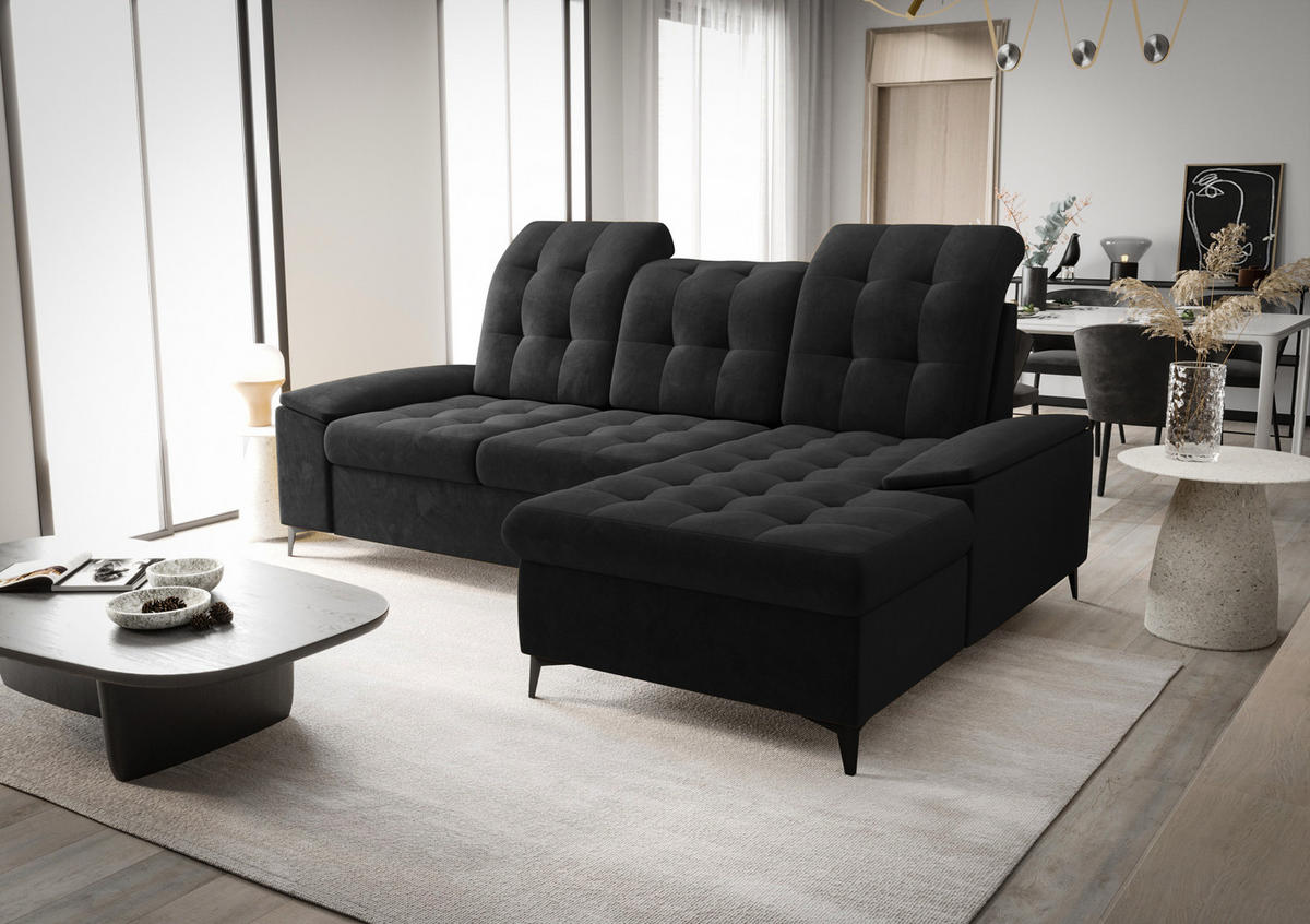 ECKSOFA KONGO RBN18, Eckcouch in L-Form mit Schlaffunktion, Farbe: Blau, Velourstoff, Ottomane Rechts - Blau, Textil (257/172cm) - O-Sofa