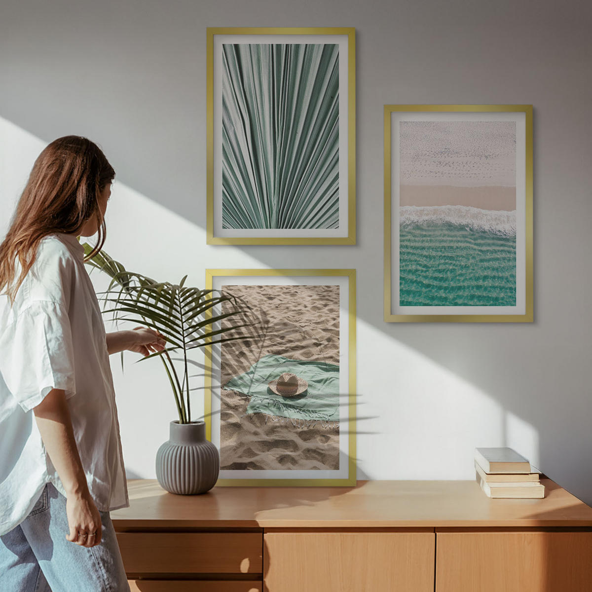 BILDER SET 3er Set - 40x60 cm Goldrahmen - Urlaubsblick Strand Meer - Goldfarben, Kunststoff (40/60cm) - TULUP