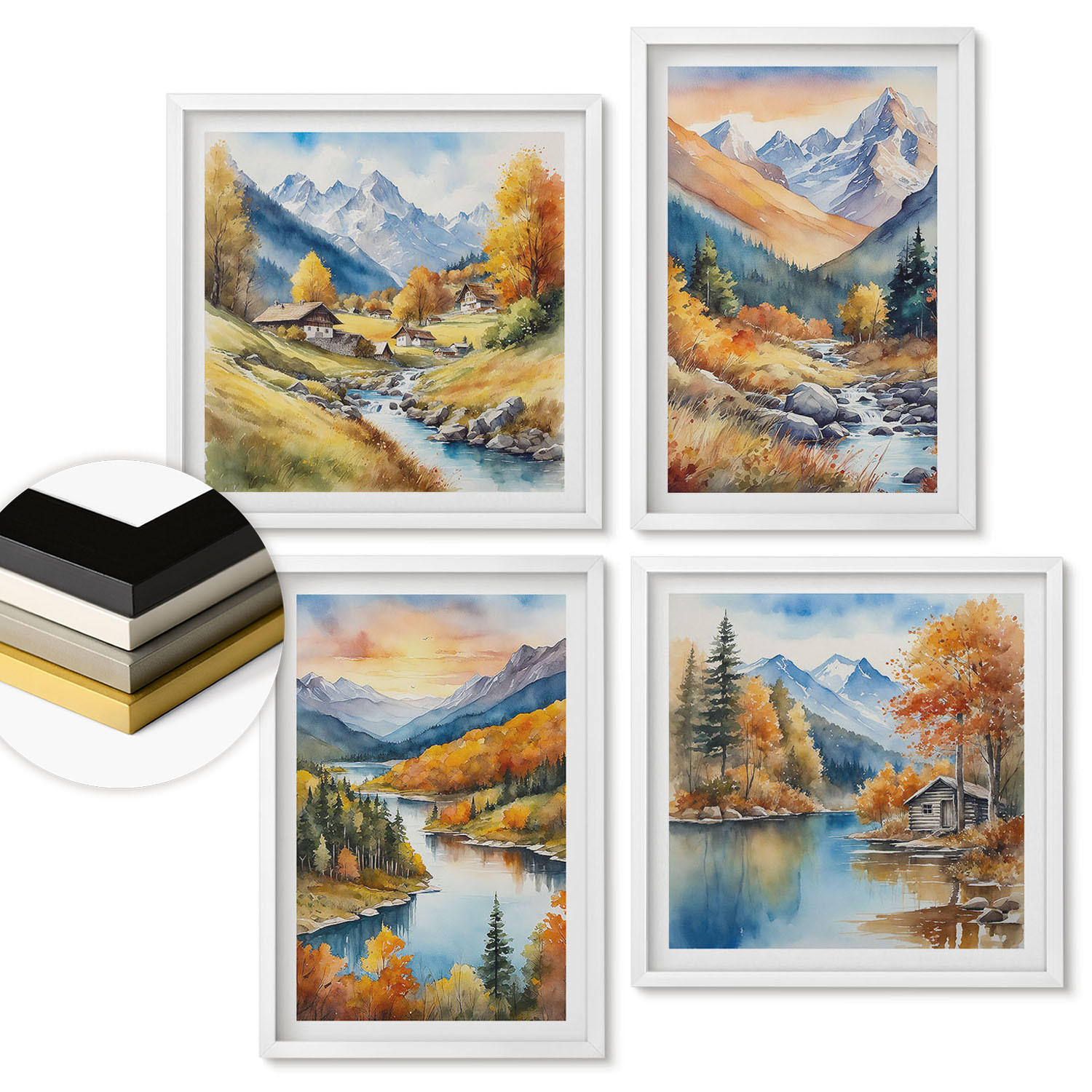WANDBILDER 4er-Set - 50x50 cm & 40x60 cm Weißer Rahmen - Berglandschaft mit einem Fluss - Weiß, Kunststoff (50/50cm) - ArtPrintCave
