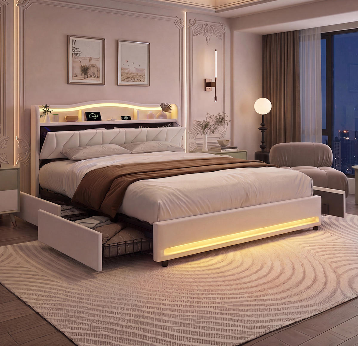 POLSTERBETT 140/200 cm Beige,Bett mit Stauraum, LED-Beleuchtung,USB und Type-C - Beige, Holz/Metall (140/200cm) - FURNISHINGS HOME