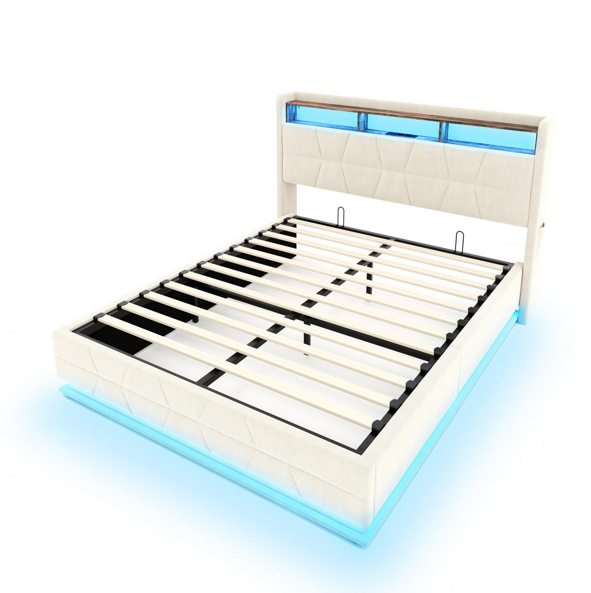 POLSTERBETT aus Velours 160 x 200 cm in Beige mit LED-Beleuchtung & USB/Type-C - Beige, Textil (160/200cm) - Modfu