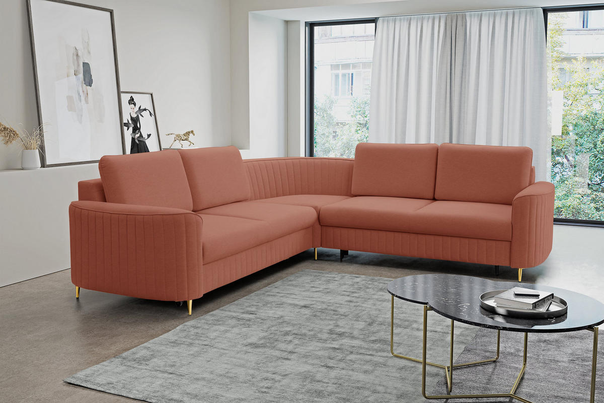 ECKSOFA VELA L-S Rosa Velours-Stoff mit Schlaffunktion - Rosa, Holz (251/251cm) - MASSENO