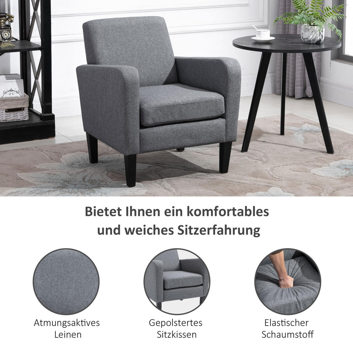SESSEL Stoff Leinenoptik mit Holzfüßen 66/72/74 cm Hellgrau - Hellgrau, Textil (72/74/66cm) - Redom