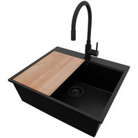 GRANITSPÜLE Oslo, 2-er set Alles Schwarz 58/50 cm 1 Becken + Küchenarmatur 40/38 cm + Ablauf-Set + Schneidebrett ab 60er Unterschrank - Beige/Schwarz, Kunststoff (58/20/50cm) - Primagran