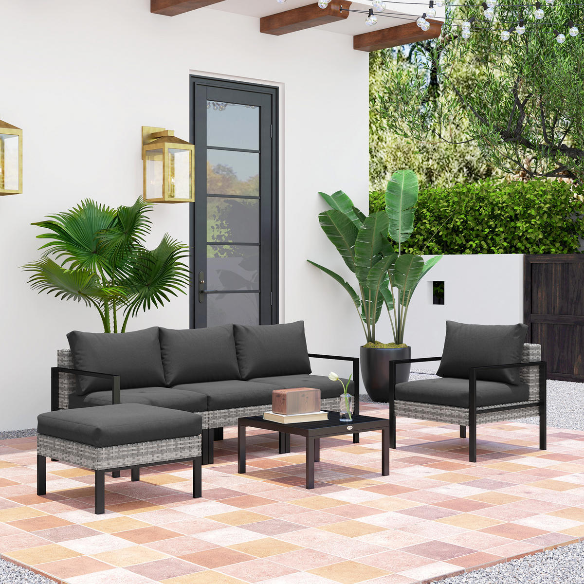 GARTENLOUNGE-SET DE-13619 6-teilig mit Tisch & Hocker Hellgrau - Hellgrau, Kunststoff/Metall - ComfortXL