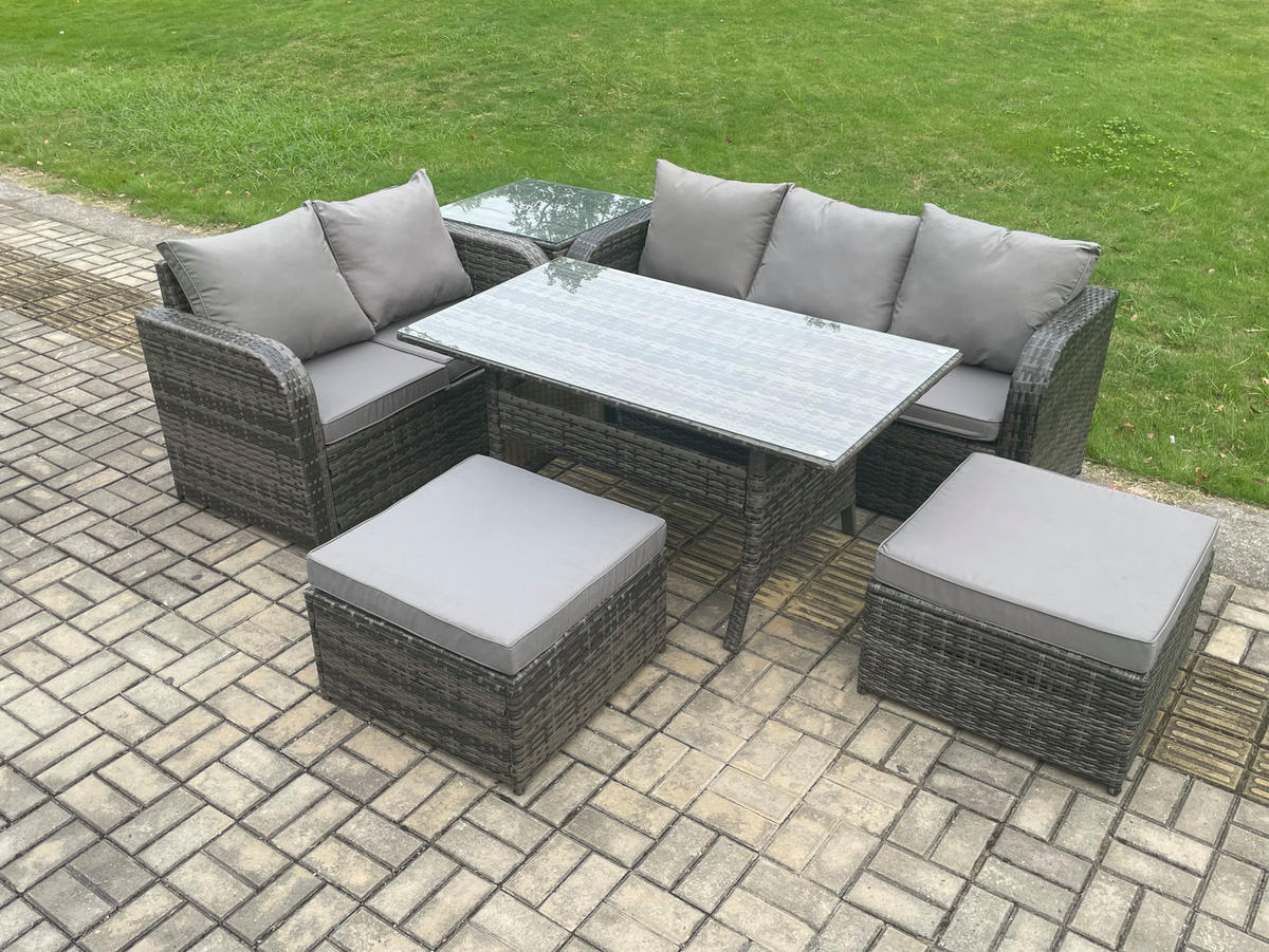 GARTENGARNITUR mit 3-Sitzer Sofa,2 Hockern,Beistelltisch Polyrattan Dunkelgrau 7-Sitzer - Dunkelgrau/Grau, Glas/Kunststoff - Fimous