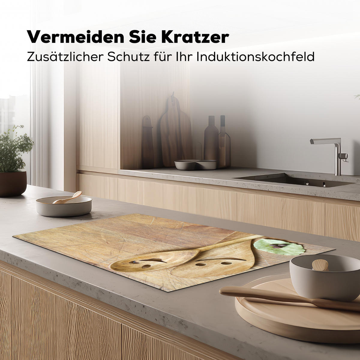 HERDABDECKPLATTE Holz - Löffel - Braun - Smiley 83x51 cm - Hellbraun, Kunststoff (83/0.2/51.5cm) - MuchoWow