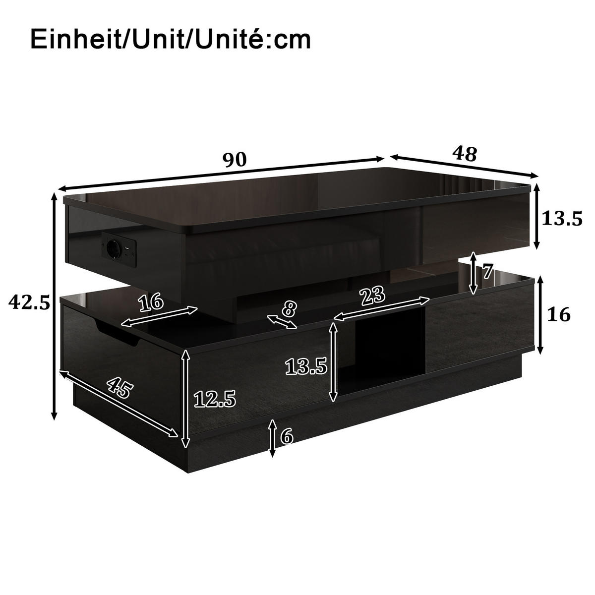 COUCHTISCH Schwarz 90/48/42,5 cm mit LED-Beleuchtung und Hubfunktion - Schwarz, Holzwerkstoff (48/90/42.5cm) - PANGIVO