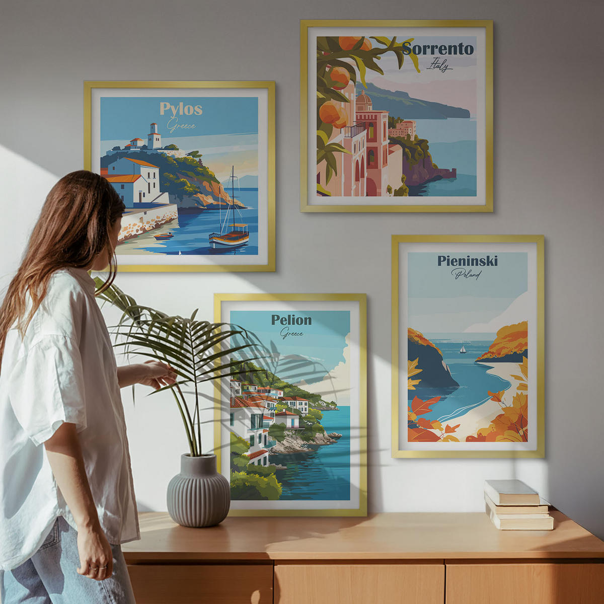 WANDBILDER 4er Set - 50x50 cm & 40x60 cm Goldrahmen - Retro-Landschaften im malerischen Stil - Goldfarben, Kunststoff (50/50cm) - ArtPrintCave