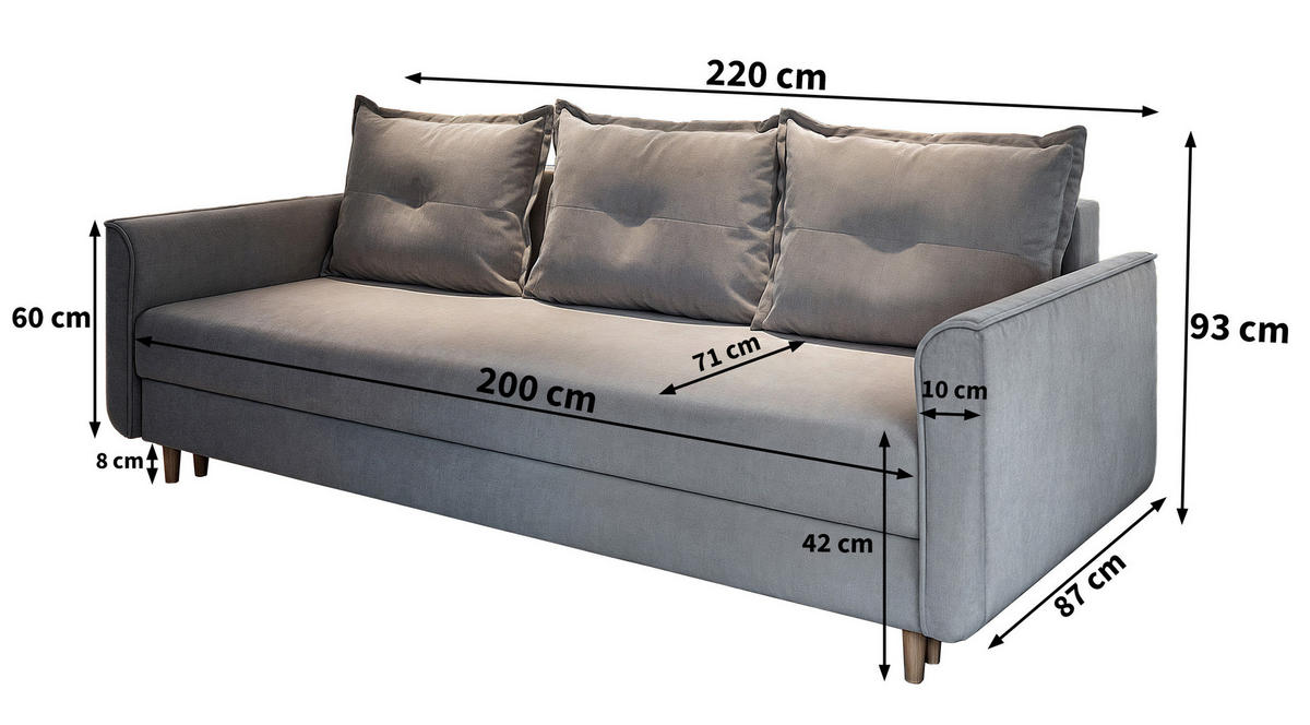 BETTSOFA NAPOL Grau Plüsch-Stoff mit Schlaffunktion - Grau, Textil (220/93/87cm) - MASSENO