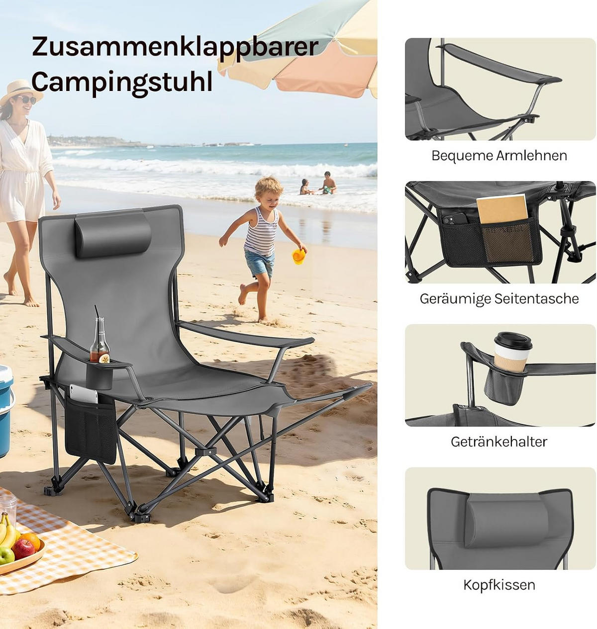 CAMPINGSTUHL Faltbar 2er Set mit Fußablage Grau - Grau, Textil (84/88.5/160cm) - Woltu