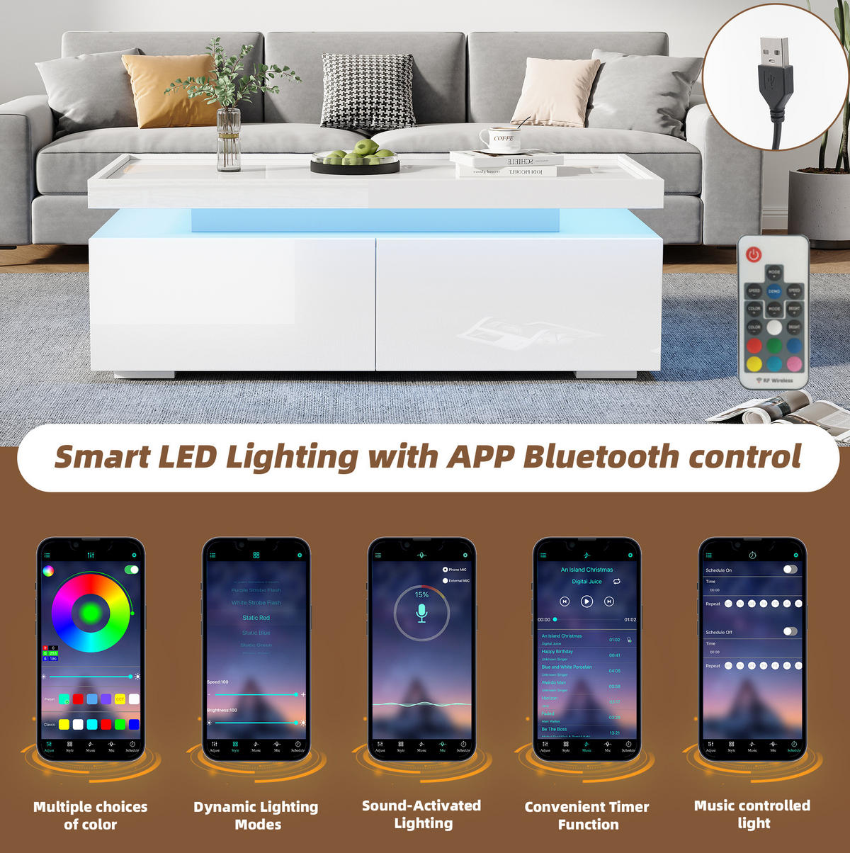 COUCHTISCH aus Spanplatte 95x45x35 cm Weiß mit LED-Beleuchtung, 2 Schubladen und Ablage - Weiß, Holzwerkstoff (95/45/35cm) - IVMEU