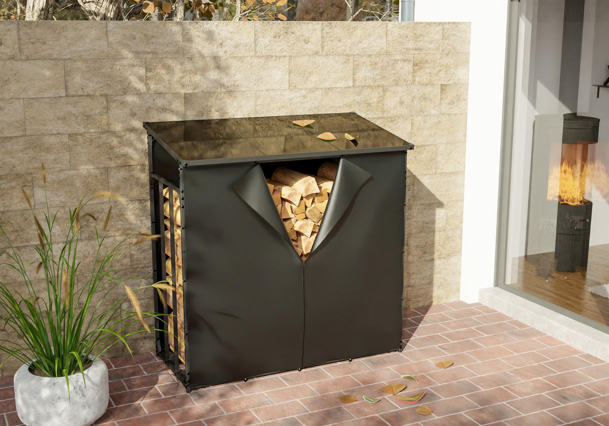 KAMINHOLZREGAL 143/70/145 cm Metall anthrazit - Anthrazit/Schwarz, Metall (143/145/70cm) - CLP