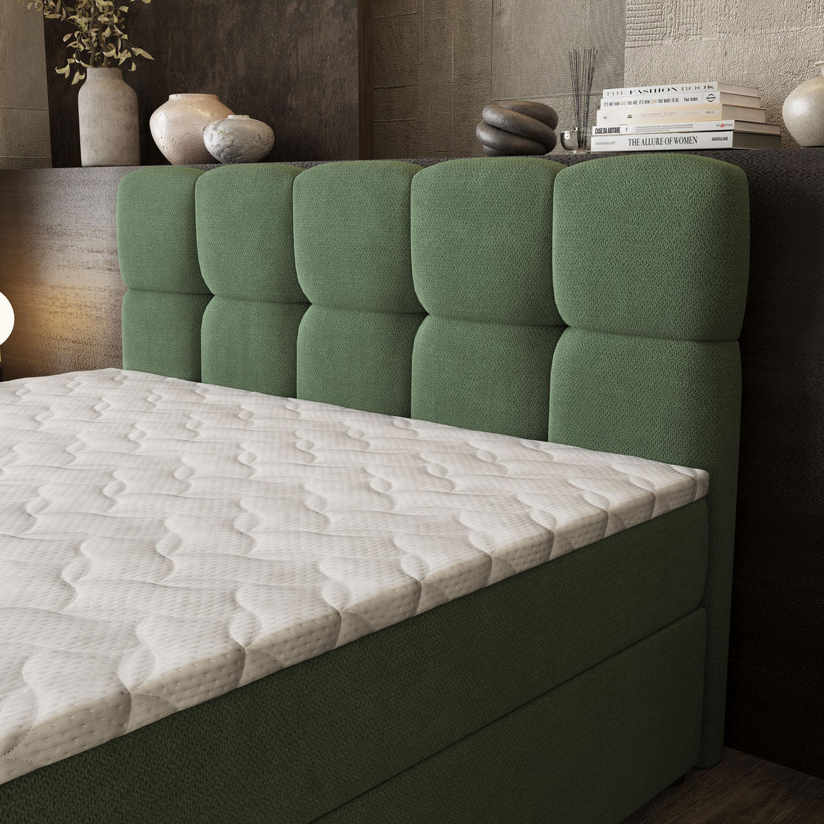 BOXBETT BRUME 180x200 cm mit Matratze und Topper, H2+H3 - Grün - Grün, Holz (180/200cm) - MASSENO