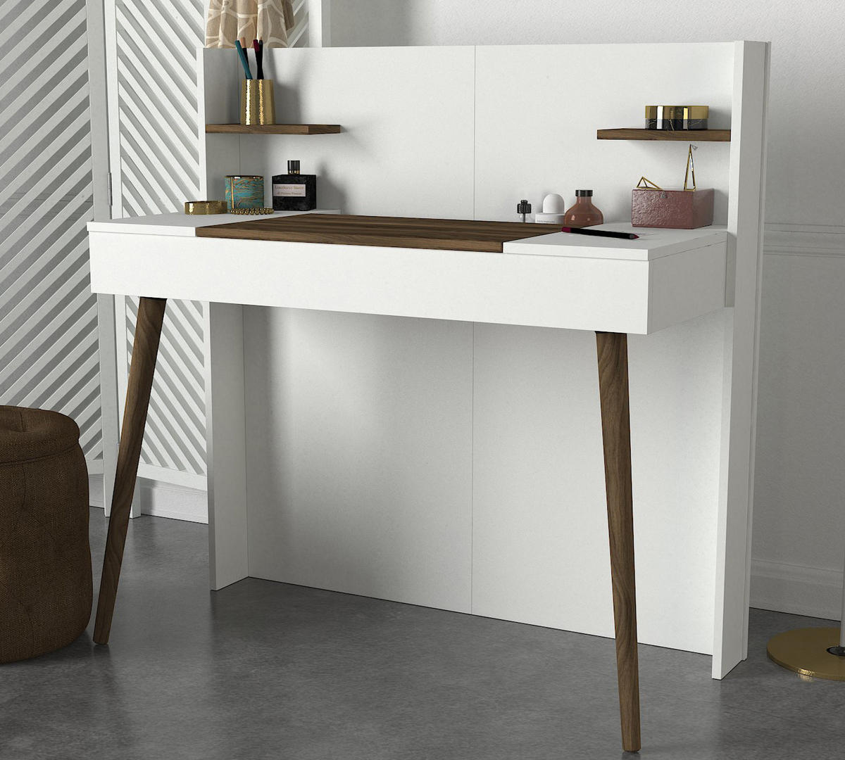 SCHMINKTISCH Retro mit Spiegel Weiß Walnuss - Walnussfarben/Weiß, Holzwerkstoff (116/120/52cm) - moebel17