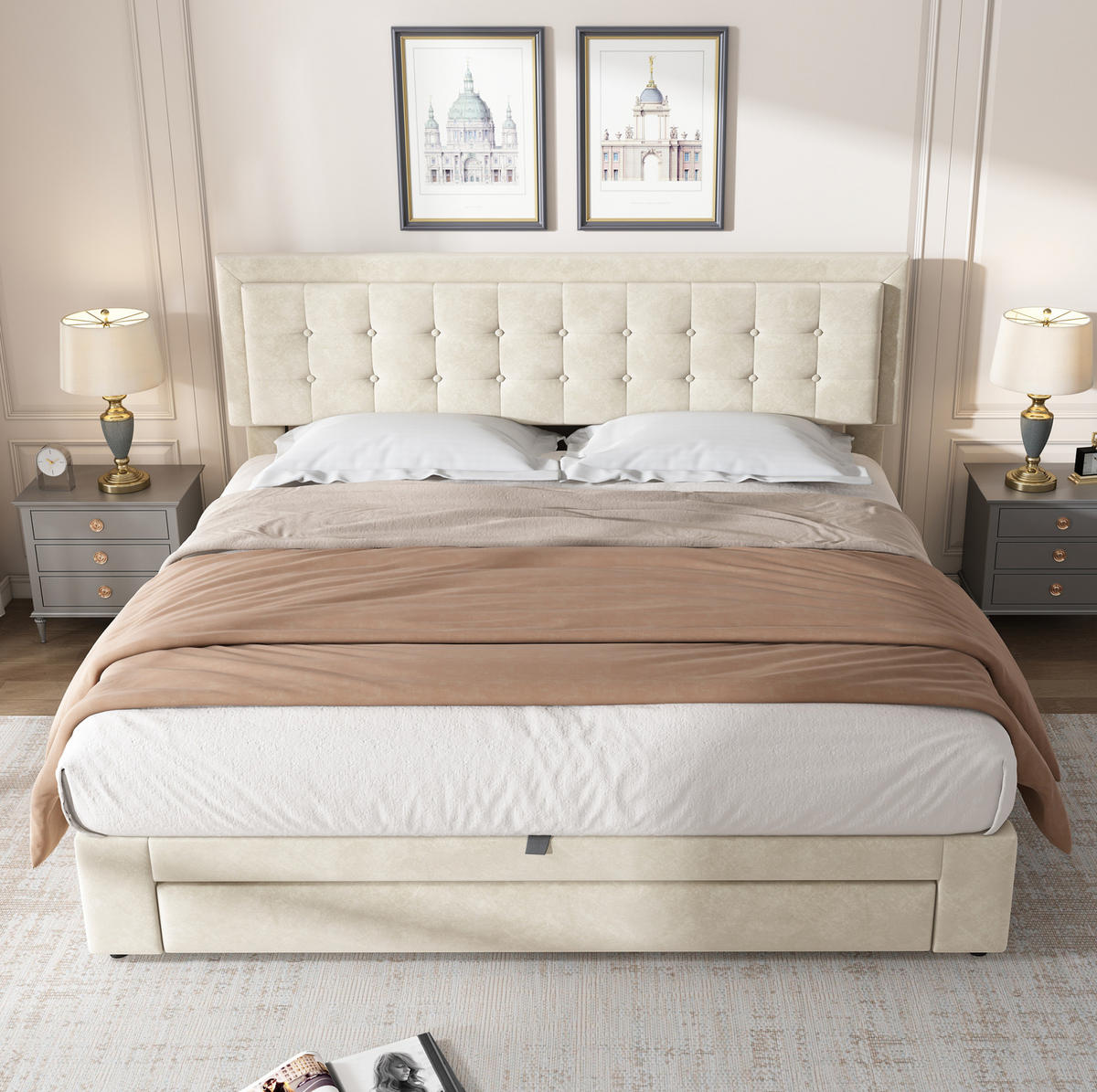 BETT mit Bettkasten und Schubladen 160x200 cm Samt Beige - Beige, Metall (160/200cm) - Meubliv