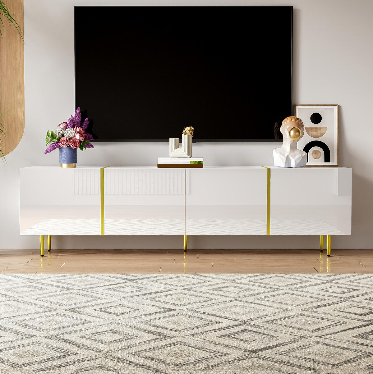 NÍZKÁ komoda z MDF, 170/35/46 cm bílý ve vysokém lesku, 4 dvířka se soft-close - bílá, kompozitní dřevo (170/46/35cm) - BEAOK