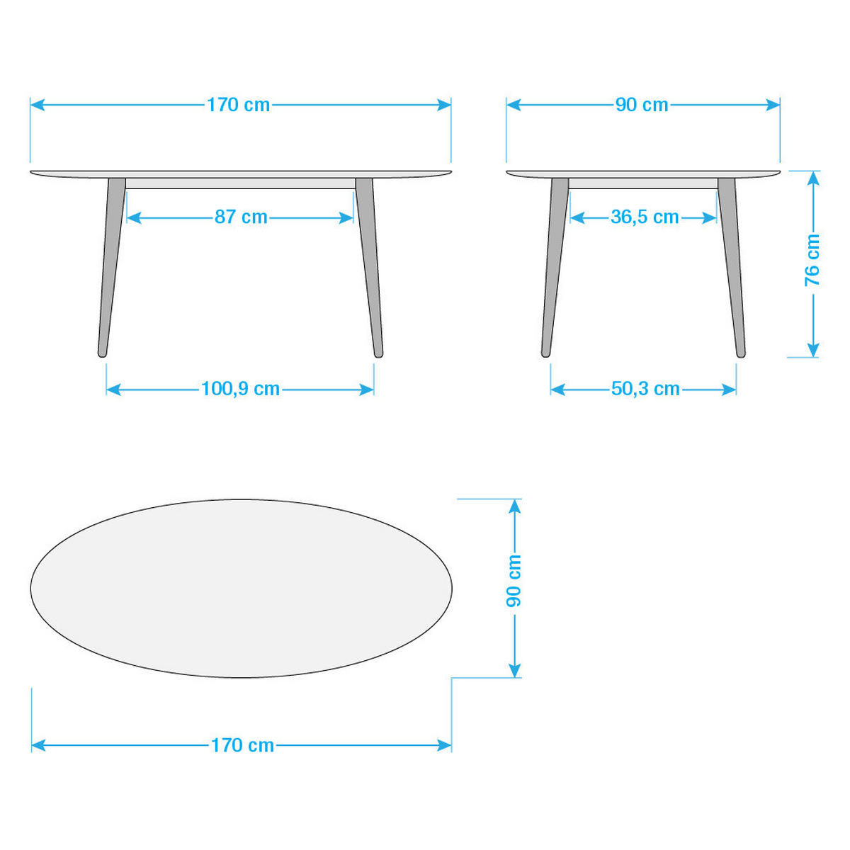 ESSTISCH oval - Eiche teilmassiv - Weiß, Holzwerkstoff (90/170/76cm) - home24
